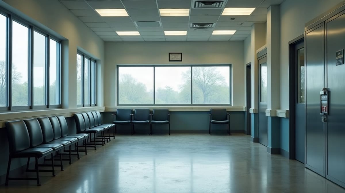 Guichets fermés d’une agence bancaire vide avec porte de coffre verrouillée