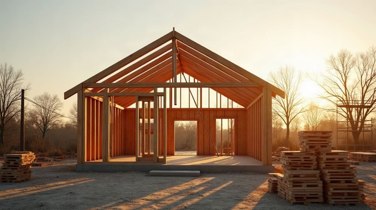 Charpente d’une maison en construction et pile de briques sur un chantier calme au soleil couchant