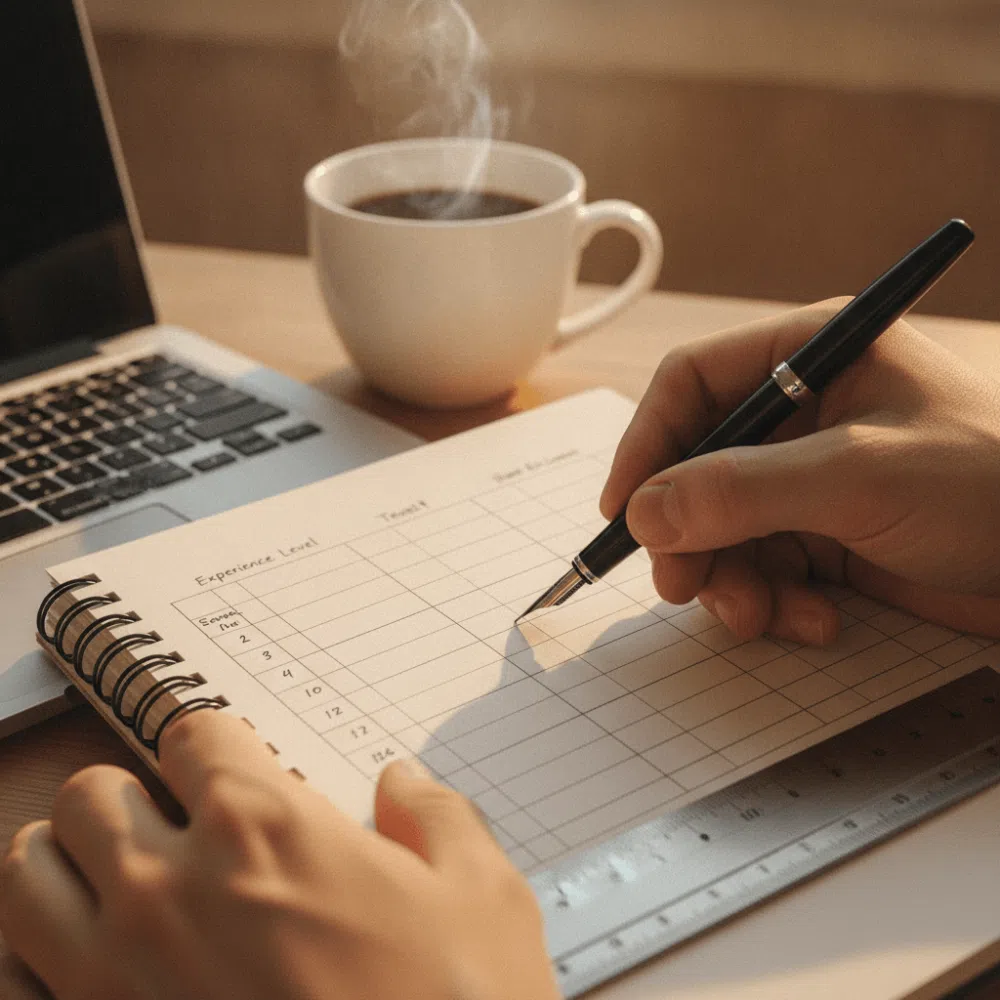 Gros plan sur des mains annotant une grille tarifaire par niveau d'expérience dans un carnet